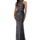 Vestido de noite Betsy Adam feminino, sem mangas, com lantejoulas, comprimento total, cinza, tamanho 4