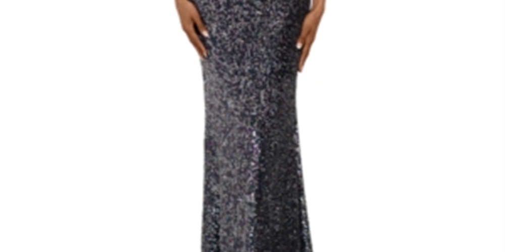 Vestido de noite Betsy Adam feminino, sem mangas, com lantejoulas, comprimento total, cinza, tamanho 4