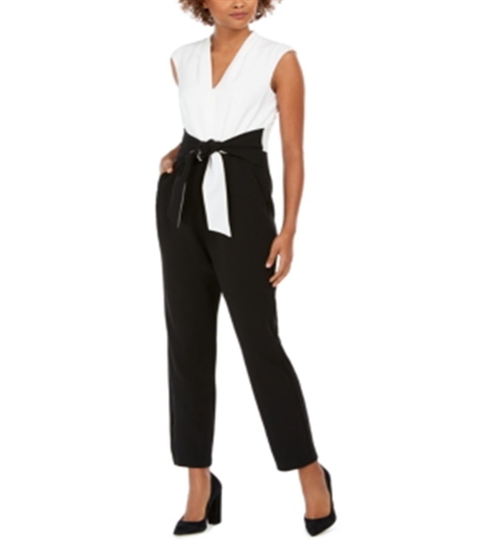 Macacão feminino Jessica Howard com decote em V e laço, tamanho 8, branco