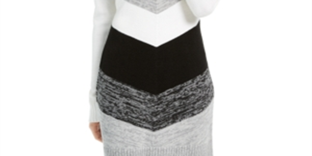 Vestido tubinho acima do joelho com estampa de blocos de cores femininos Bcx, manga comprida, gola alta, preto, tamanho médio