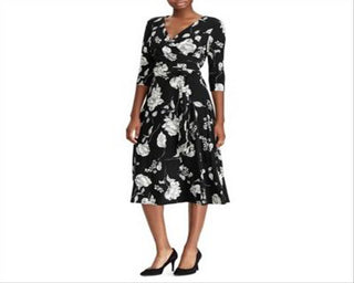 Vestido midi Ralph Lauren feminino, creme, floral, sobrepeliz, ajuste evasê, preto, tamanho 6