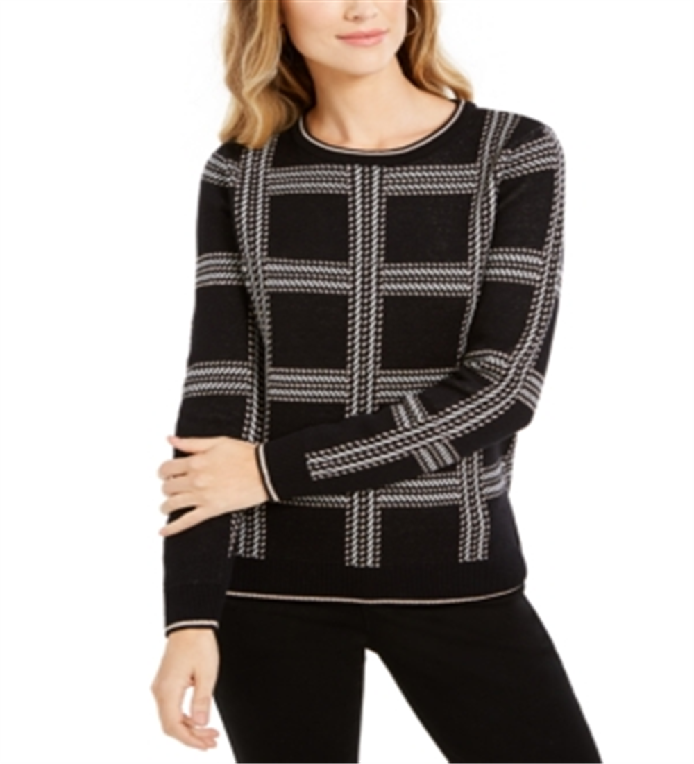 Blusa feminina estampada de manga comprida Charter Club, preta, tamanho médio