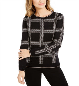 Blusa feminina estampada de manga comprida Charter Club, preta, tamanho médio