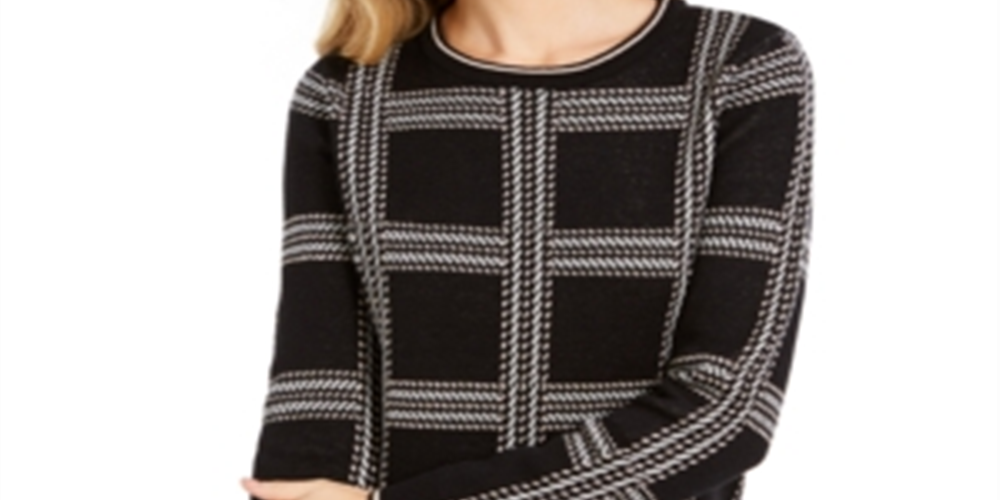 Blusa feminina estampada de manga comprida Charter Club, preta, tamanho médio