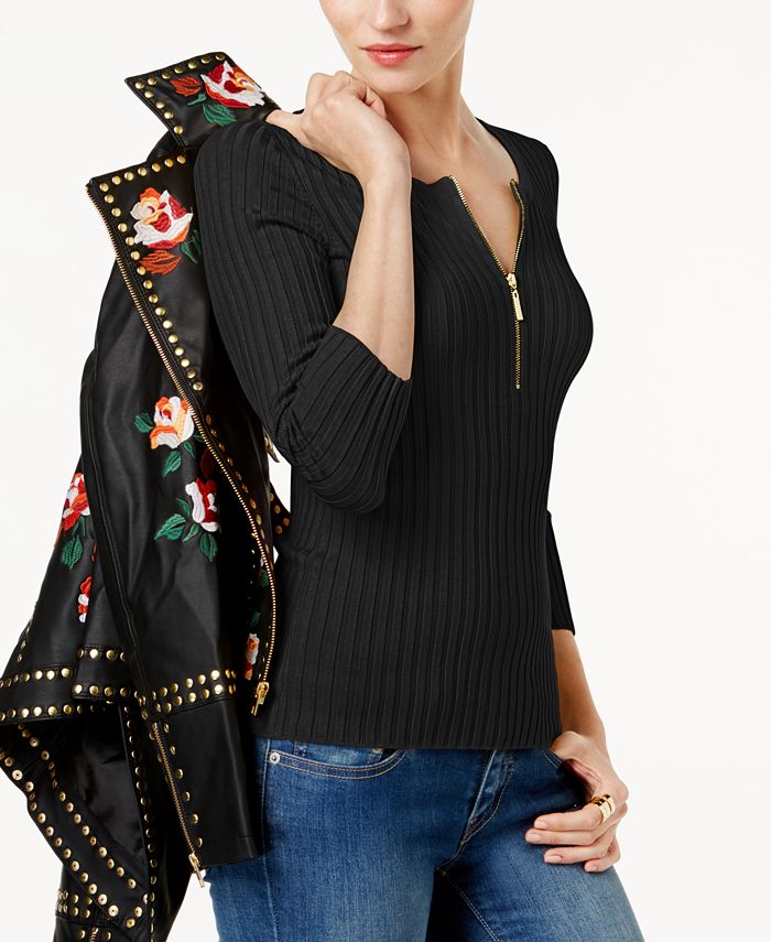 INC International Concepts Feminino Zip Henley Preto Tamanho Pequeno S