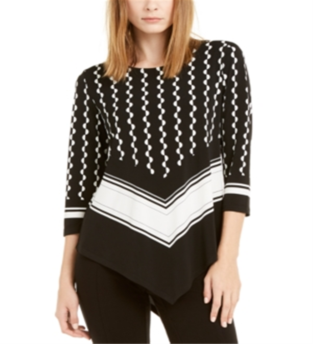 Blusa de noite feminina Alfani estampada com manga 3/4 e gola redonda, preta, tamanho pequeno