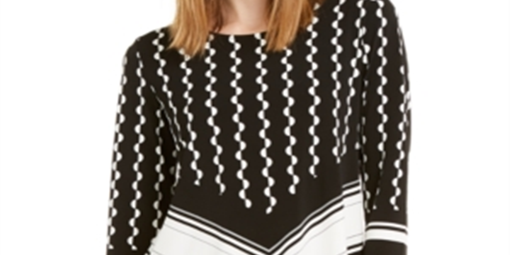 Blusa de noite feminina Alfani estampada com manga 3/4 e gola redonda, preta, tamanho pequeno