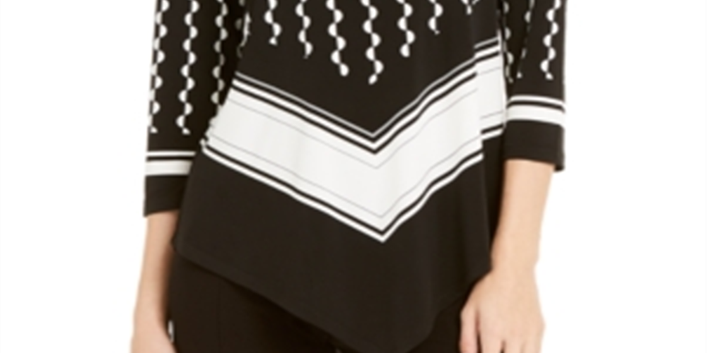 Blusa de noite feminina Alfani estampada com manga 3/4 e gola redonda, preta, tamanho pequeno