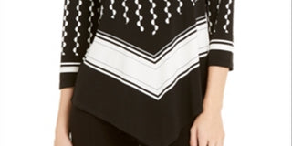 Blusa de noite feminina Alfani estampada com manga 3/4 e gola redonda, preta, tamanho pequeno