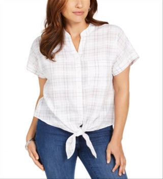 Charter Club Blusa feminina com estampa de janela e amarração na cintura, branca, tamanho pequeno