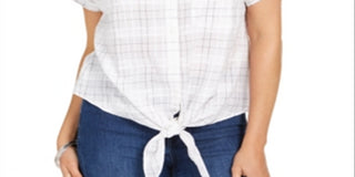 Charter Club Blusa feminina com estampa de janela e amarração na cintura, branca, tamanho pequeno