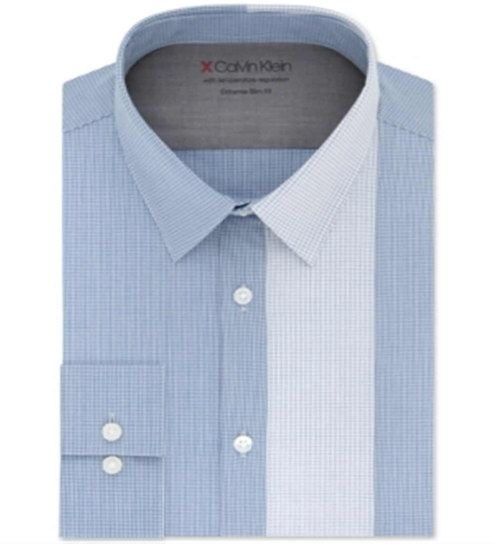 Camisa social masculina Calvin Klein Extra Slim Fit com regulagem de temperatura elástica xadrez, azul, tamanho P 14-14/5