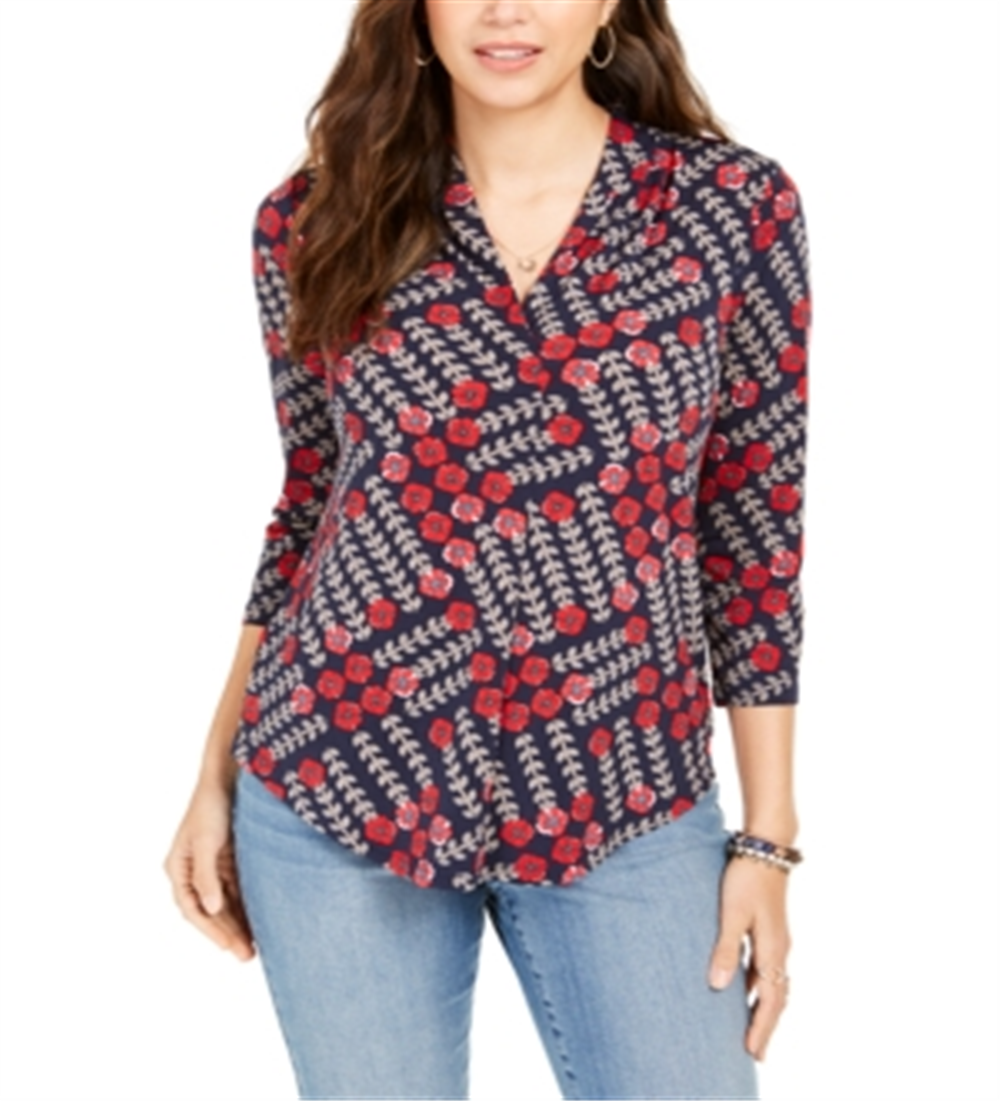 Top feminino estampado com decote em V, azul, tamanho grande, Charter Club