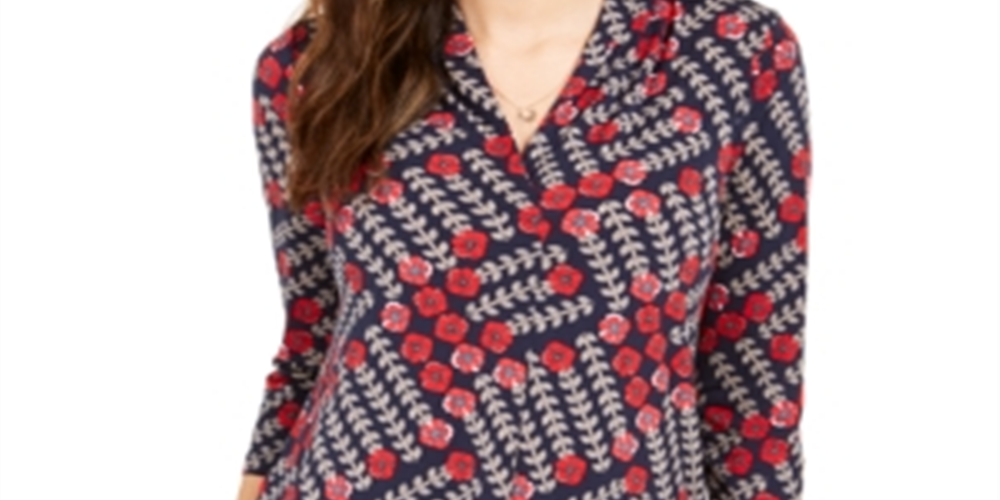 Top feminino estampado com decote em V, azul, tamanho grande, Charter Club