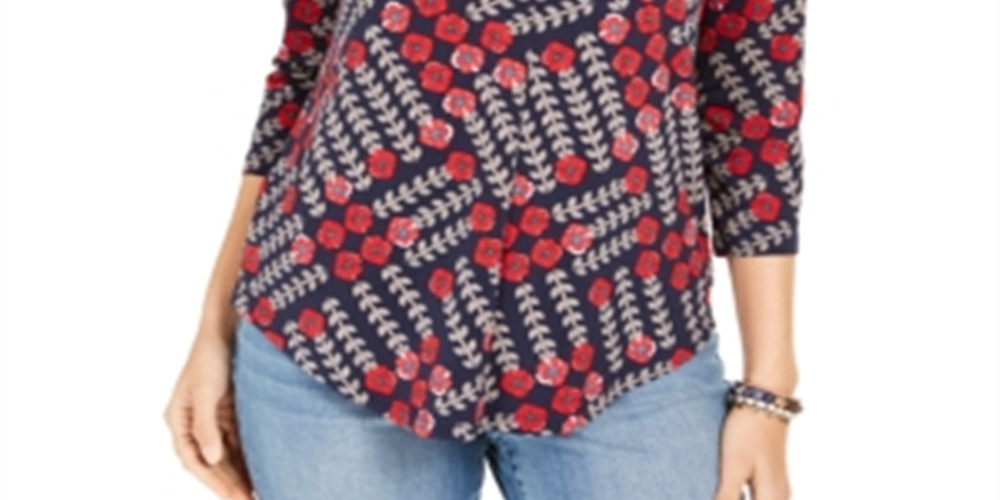 Top feminino estampado com decote em V, azul, tamanho grande, Charter Club