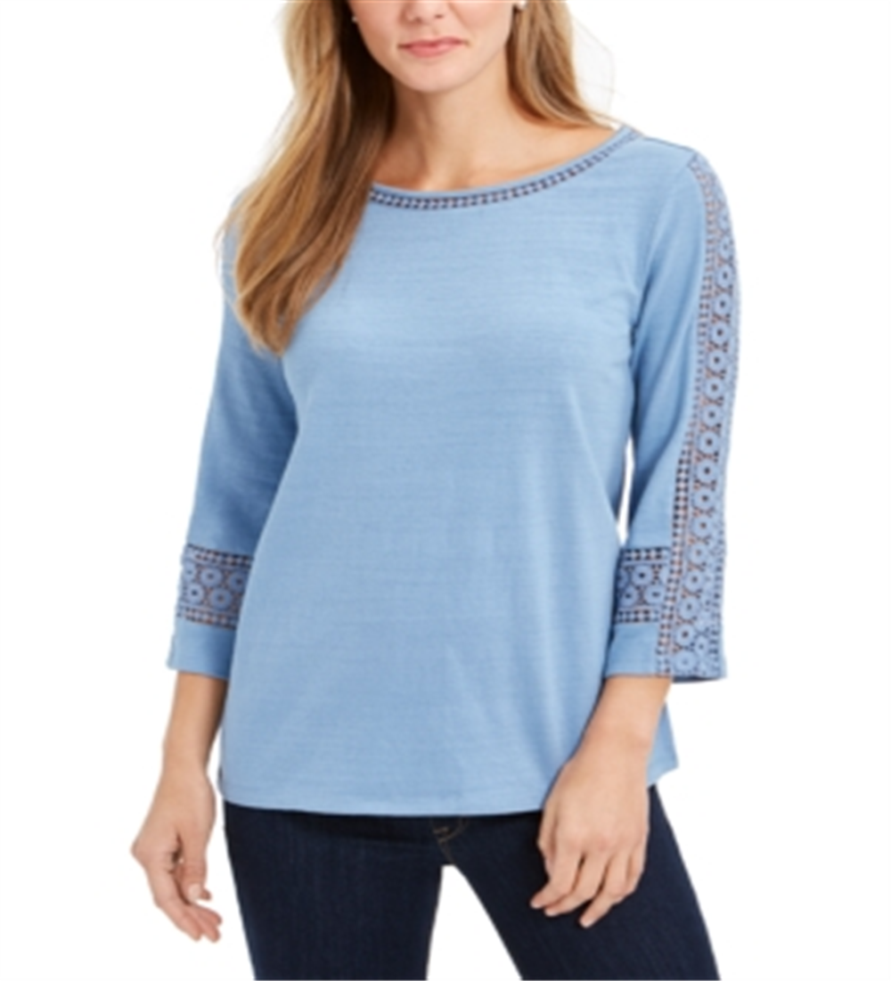 Blusa feminina de crochê com manga curta, azul, tamanho pequeno, Charter Club