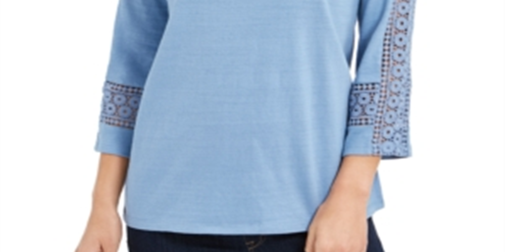 Blusa feminina de crochê com manga curta, azul, tamanho pequeno, Charter Club