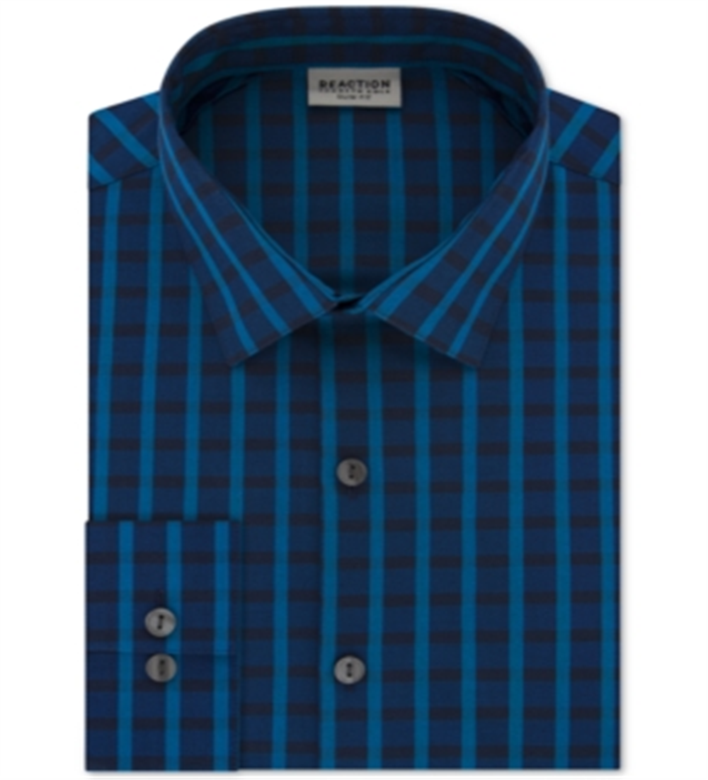 Camisa social masculina Kenneth Cole Reaction Slim Fit All Day Flex Check, azul, tamanho GG