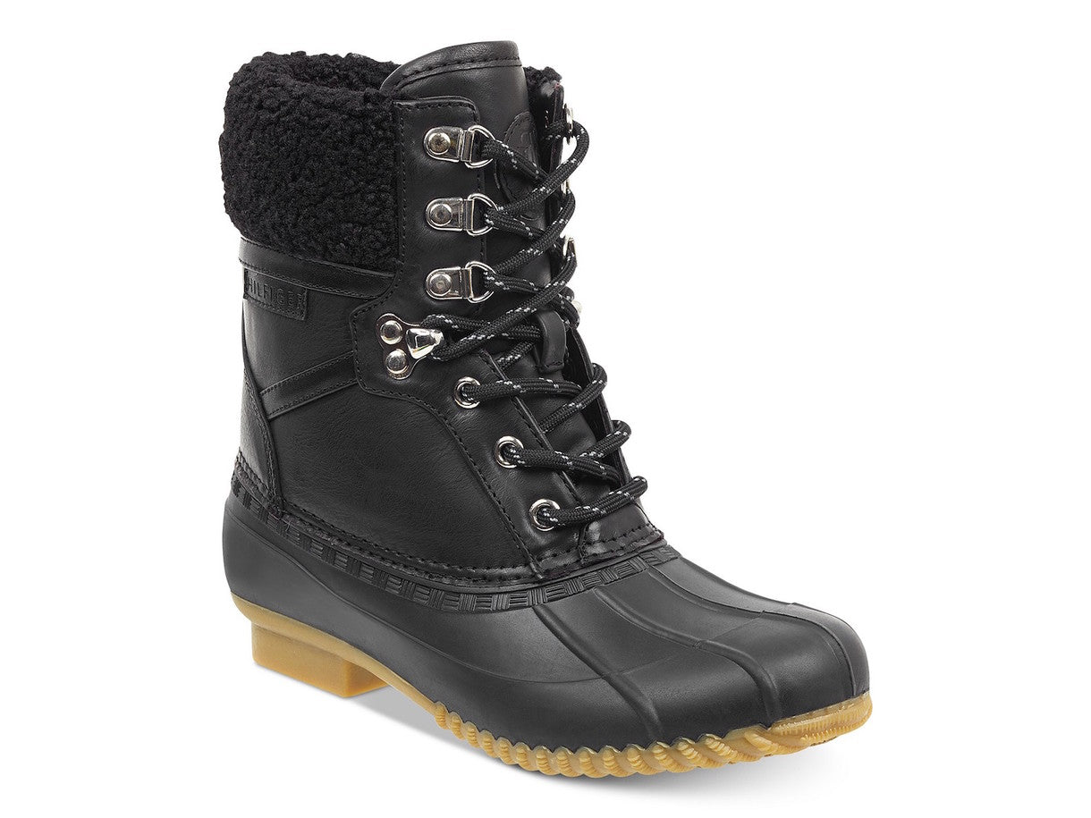 Tommy Hilfiger Botas de neve femininas com salto 1/2 acolchoado, à prova d'água, acabamento em pele, bico redondo, salto bloco, cadarço, pretas, tamanho 5 M