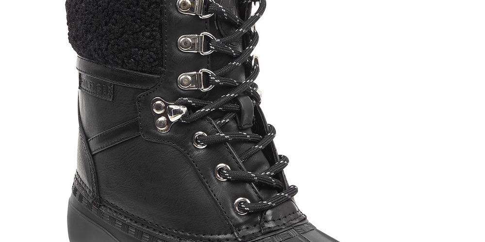 Tommy Hilfiger Botas de neve femininas com salto 1/2 acolchoado, à prova d'água, acabamento em pele, bico redondo, salto bloco, cadarço, pretas, tamanho 5 M