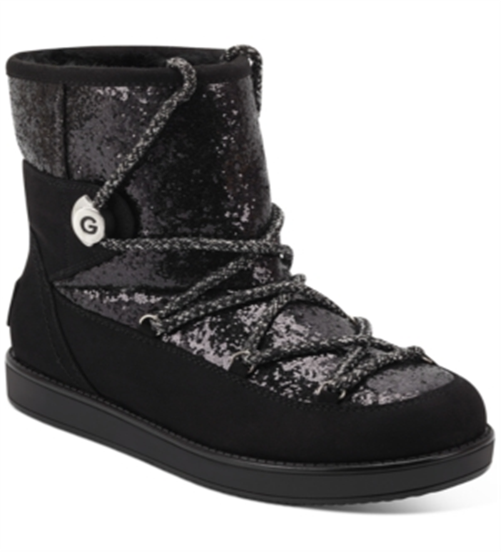 Botas de neve femininas Guess com logo brilhante e detalhe de cadarço, acolchoadas e isoladas, Aylan, bico redondo, pretas, tamanho 6 M