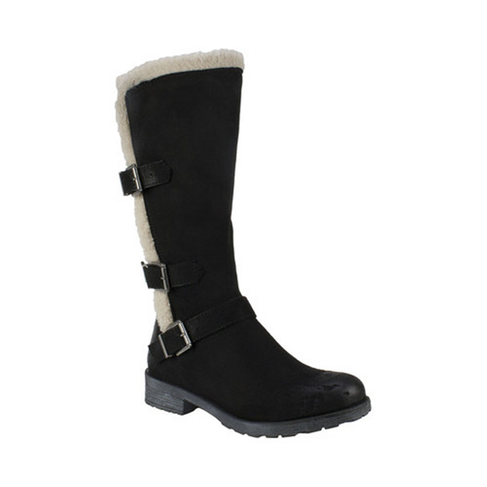 Botas de neve femininas White Mountain com acabamento em pele acolchoado e fivela Santell com bico redondo e salto bloco, tamanho 6 M