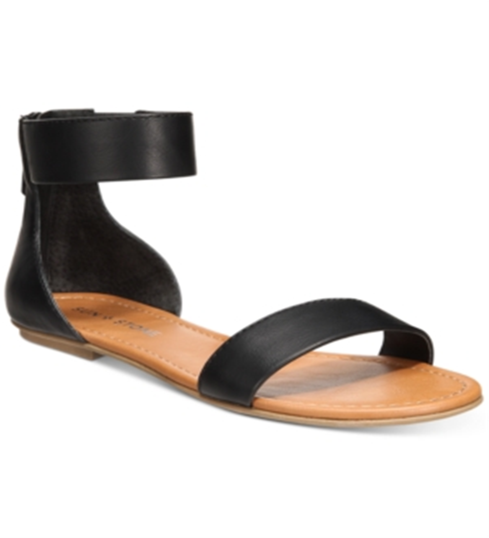 Sandálias rasteiras femininas Sun + Stone Keley de couro sintético, pretas, tamanho 6,5 M