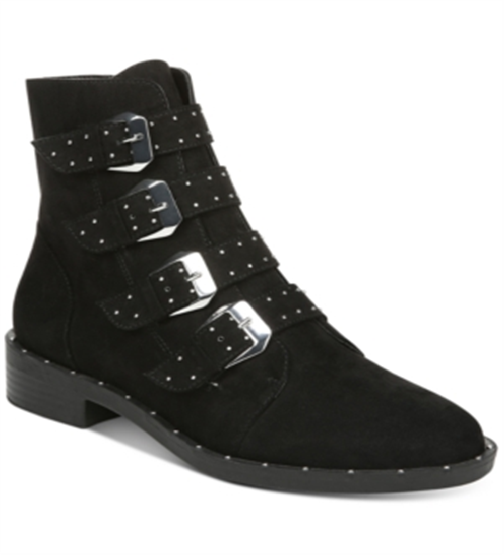 Botas femininas Bar III com fivela e tachas Margo, bico redondo, salto bloco e zíper, pretas, tamanho 8,5 M