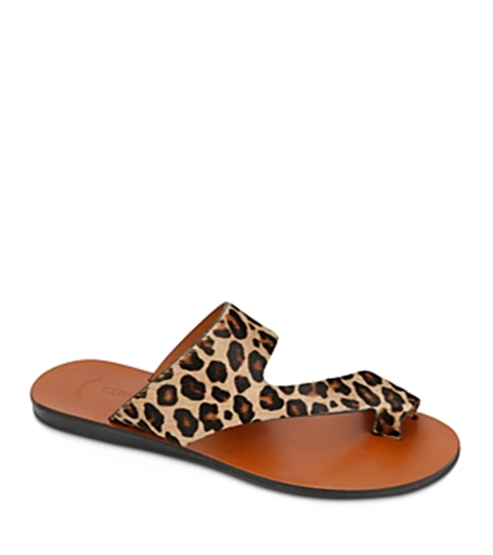 Sandália feminina Kenneth Cole com estampa de animal, anel de dedo, palmilha redonda, tira de couro, bege, 7,5 m
