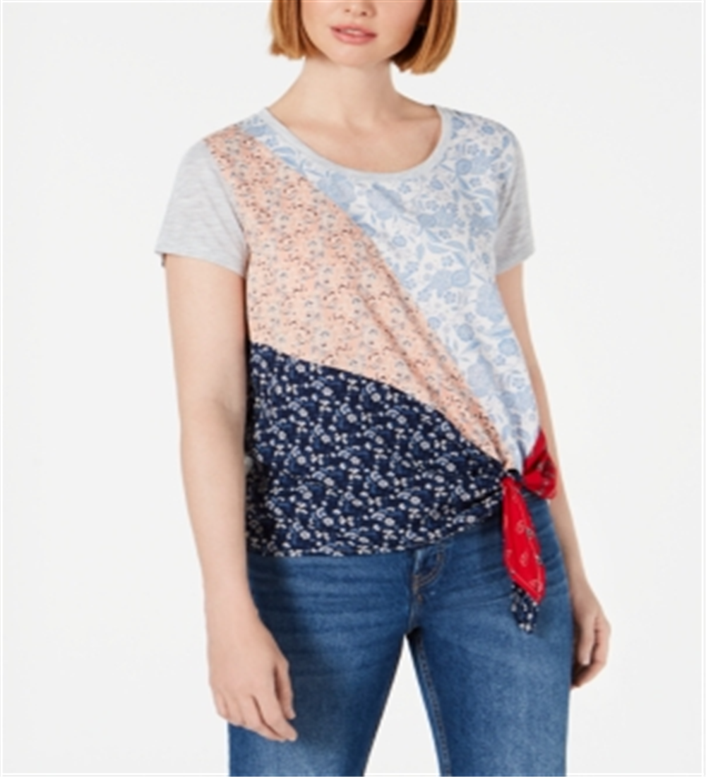 Camiseta feminina com estampa mista e amarração lateral, estilo &amp; co, branca, tamanho médio