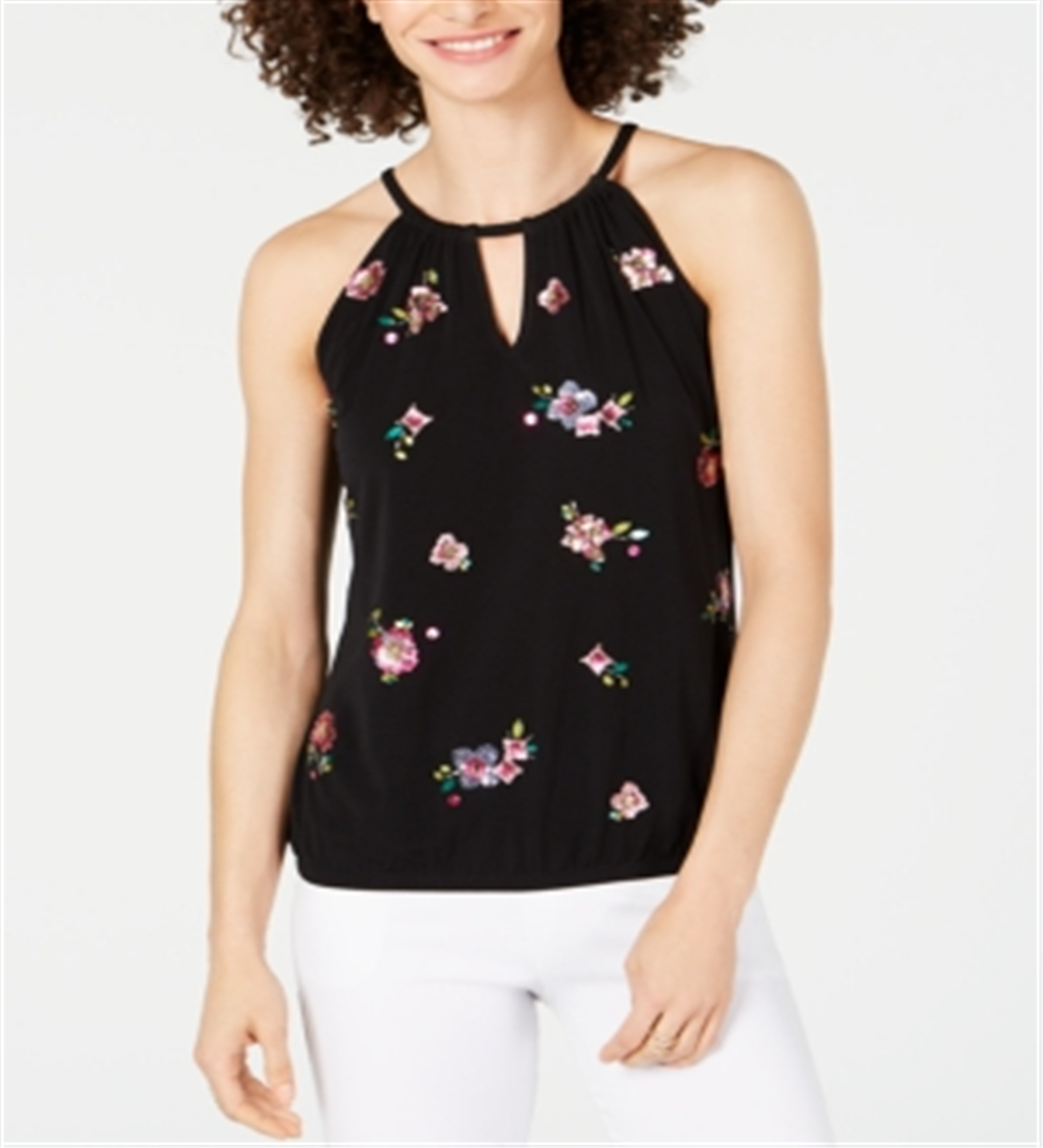INC International Concepts Top Halter Feminino com Bainha Bolha Embelezada, Preto, Tamanho Pequeno G