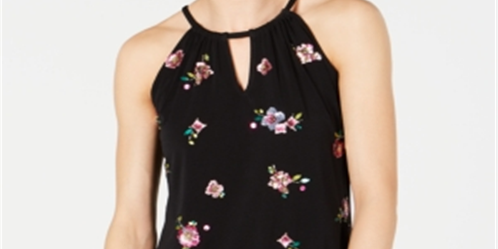 INC International Concepts Top Halter Feminino com Bainha Bolha Embelezada, Preto, Tamanho Pequeno G