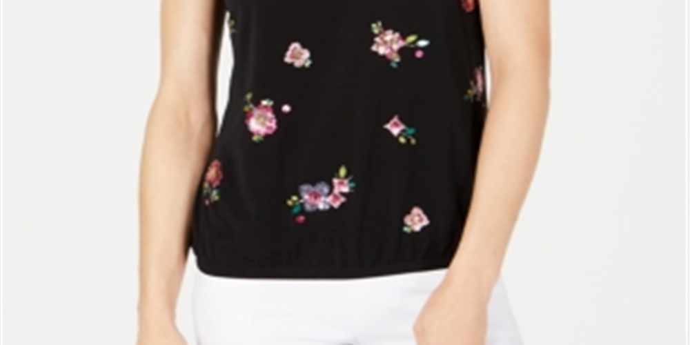 INC International Concepts Top Halter Feminino com Bainha Bolha Embelezada, Preto, Tamanho Pequeno G