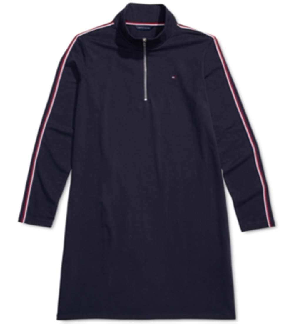 Vestido feminino Tommy Hilfiger de gola alta adaptável com fecho frontal de meio zíper, azul, tamanho grande