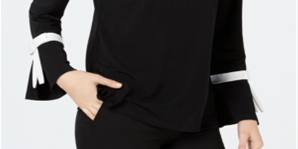 Blusa de crepe feminina Charter Club com manga amarrada, preta, tamanho médio