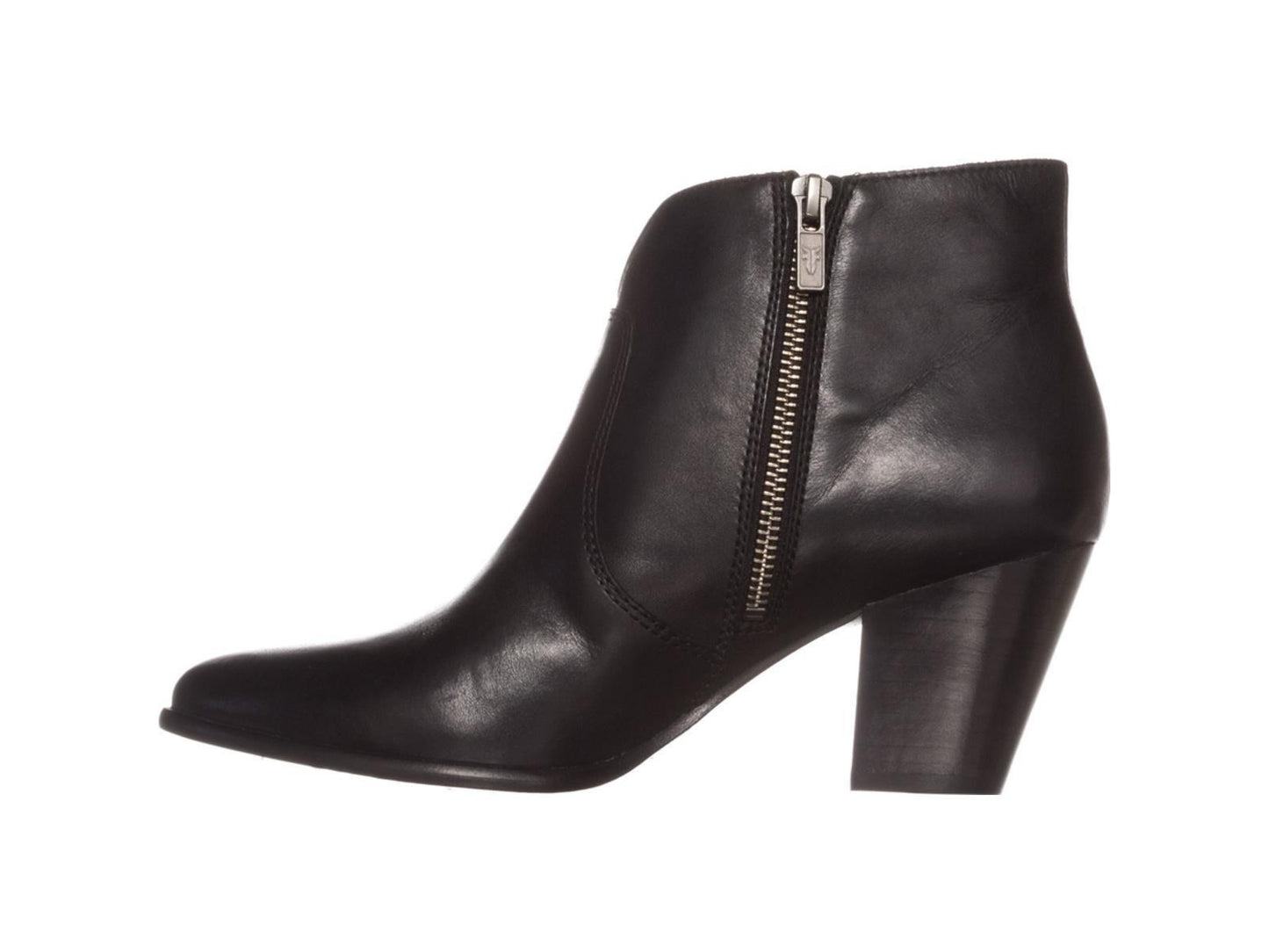 Botas femininas de couro Frye com bico fino e cano curto, tamanho 7,5, pretas