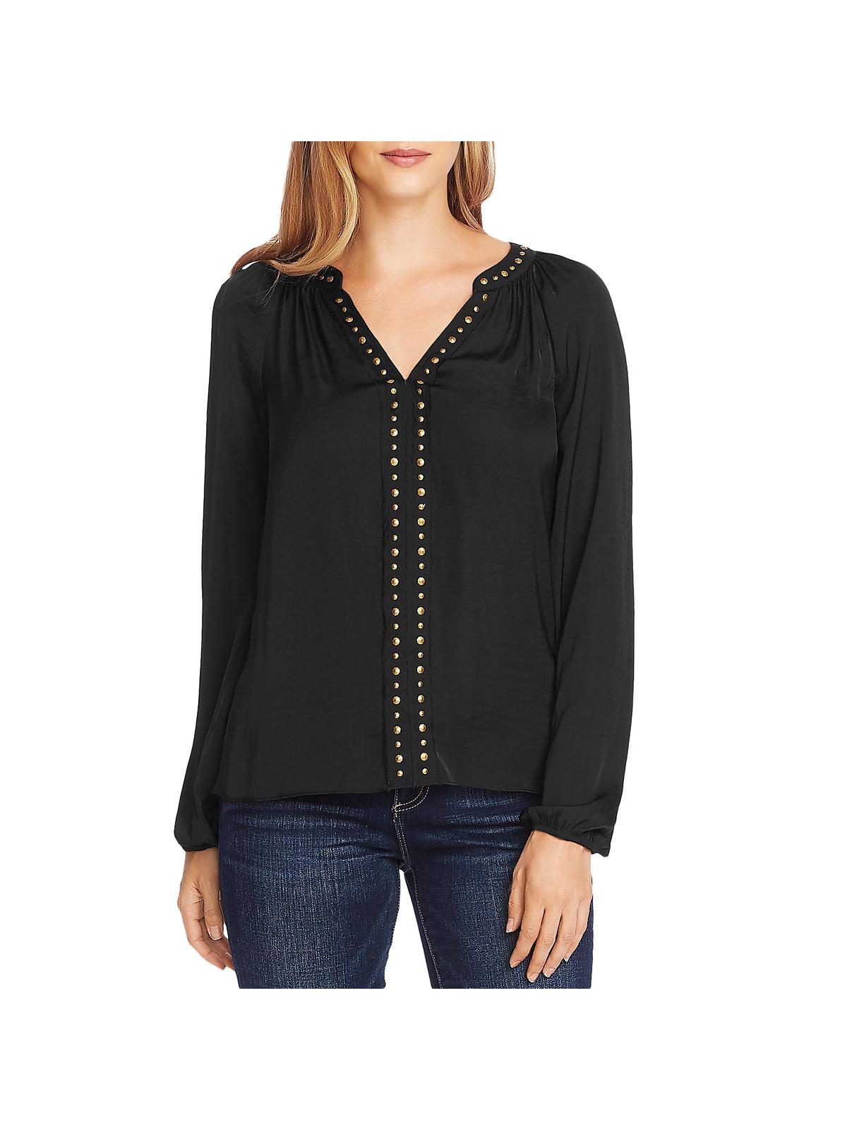 Blusa feminina Vince Camuto com decote dividido e tachas, preta, tamanho P