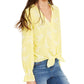 INC International Concepts Top feminino bordado estampado manga comprida gola V amarelo tamanho pequeno grande