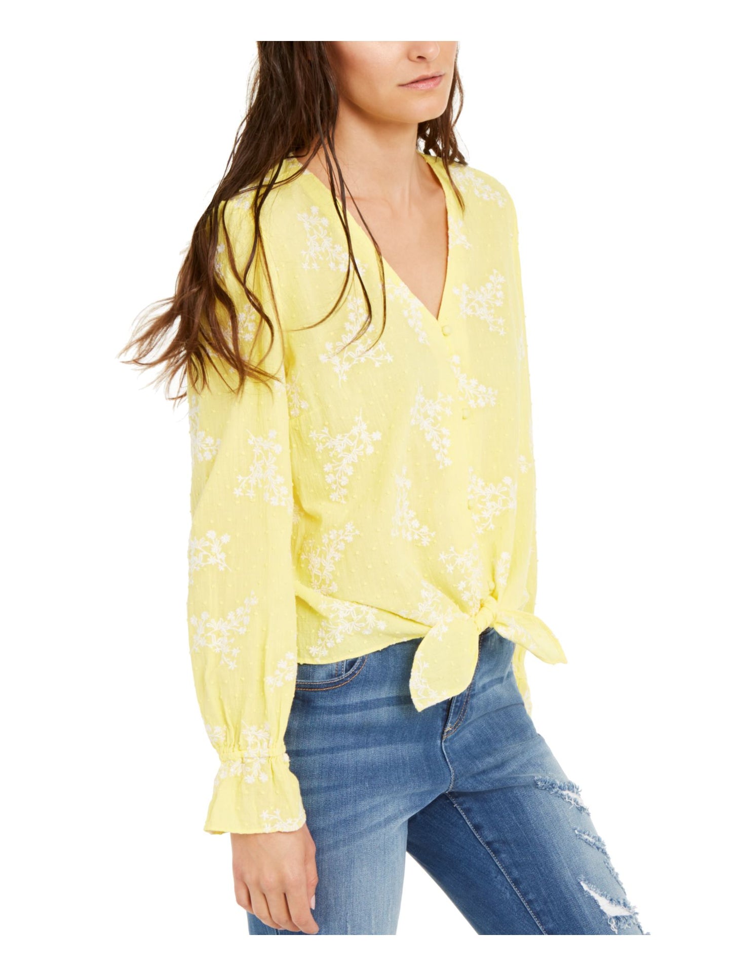 INC International Concepts Top feminino bordado estampado manga comprida gola V amarelo tamanho pequeno grande
