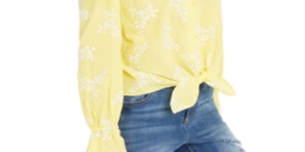 INC International Concepts Top feminino bordado estampado manga comprida gola V amarelo tamanho pequeno grande