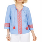 Blusa feminina bordada com borlas Charter Club, azul, tamanho grande