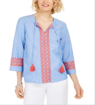 Charter Club Women's Embroidered Tasseled Blouse Blue Size Large