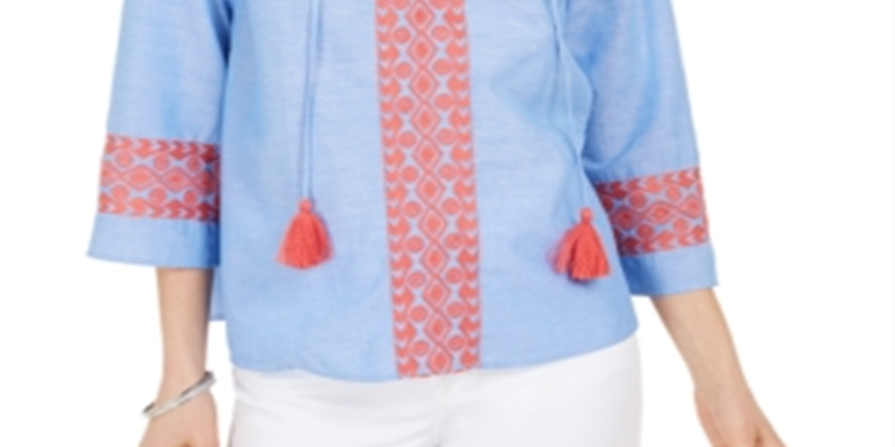 Blusa feminina bordada com borlas Charter Club, azul, tamanho grande