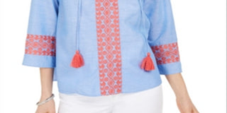 Charter Club Women's Embroidered Tasseled Blouse Blue Size Large