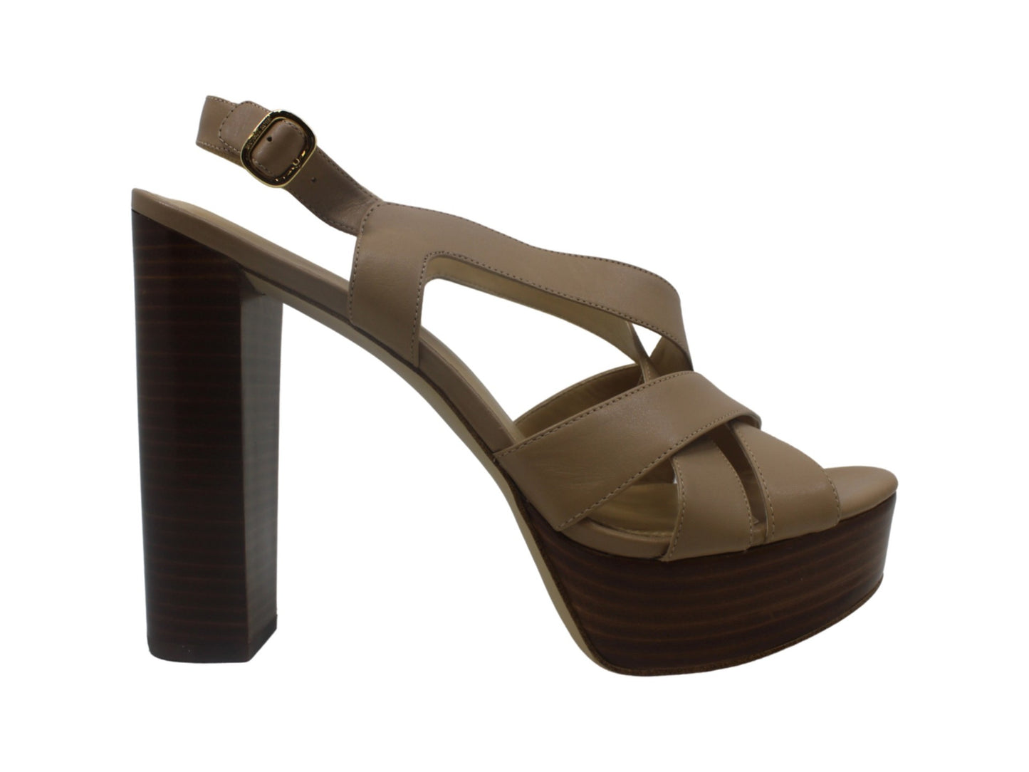 Sandálias femininas Michael Kors Audrina de couro Peep Toe casuais estilo Sahara tamanho 9