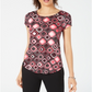 Camiseta feminina Alfani estampada com bainha redonda, preta, tamanho pequeno GG
