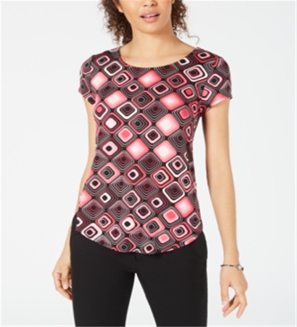 Camiseta feminina Alfani estampada com bainha redonda, preta, tamanho pequeno GG
