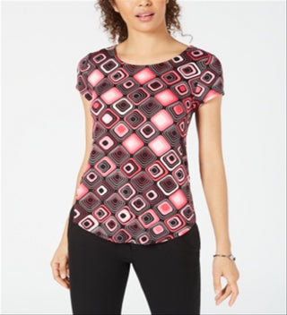 Camiseta feminina Alfani estampada com bainha redonda, preta, tamanho pequeno GG