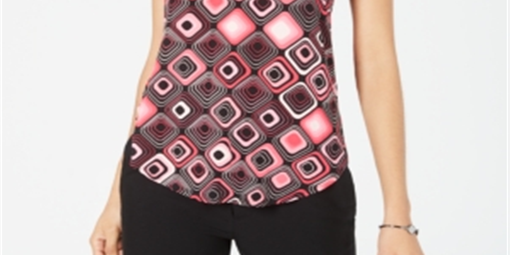 Camiseta feminina Alfani estampada com bainha redonda, preta, tamanho pequeno GG