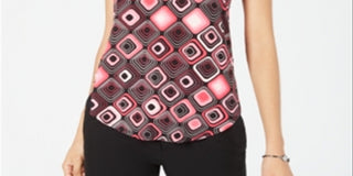 Camiseta feminina Alfani estampada com bainha redonda, preta, tamanho pequeno GG